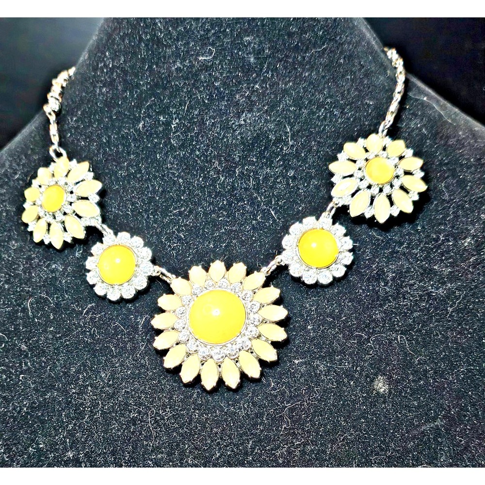 Lia Sophia Yellow Daisy Flower Rhinestone Statement Necklace Adjustable 24 in